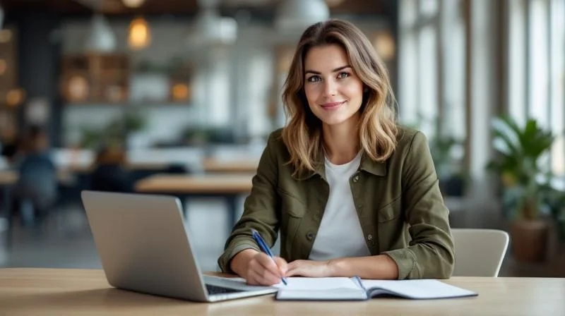 Frau mit Unterlagen und Laptop an einem Arbeitstisch in einem Wiesbadener Coworking-Büro